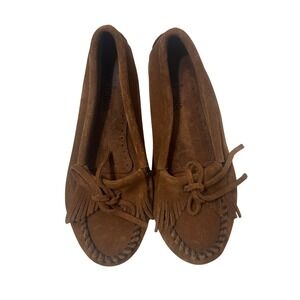 Minnetonka Kilty Brown Suede Moccasins‎ Womens Size 6 Fringe Bow Flats Boho